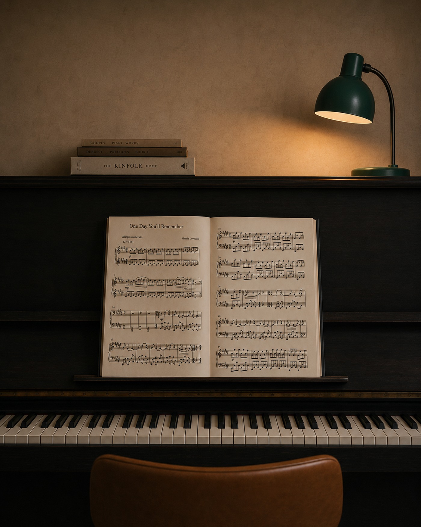 Upright piano with an open score, books and a green desk lamp